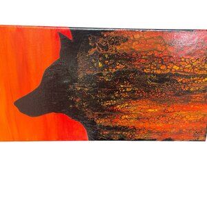 Wolf Silhouette Acrylic Pour Painting Orange Signed LAM